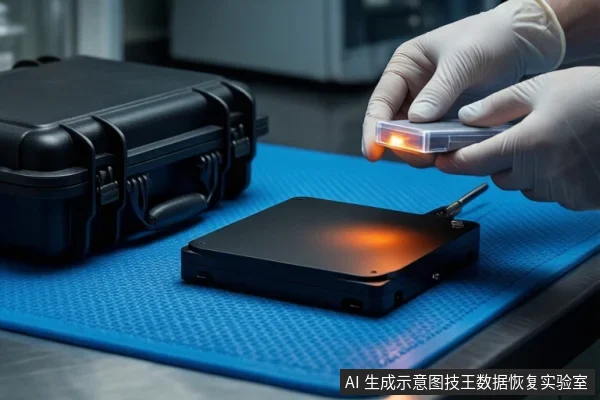 蓝色防静电垫上平放一块黑色硬盘,右侧一双戴白色手套的手正握持一个发光的透明小盒,将其悬停在硬盘上方。左侧放置一个闭合的黑色防震箱,背景为模糊的实验室设备。