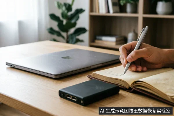 木质办公桌上放置着一台闭合的银色笔记本电脑和一个黑色移动硬盘,右侧一只手正握笔在摊开的笔记本上记录信息。背景可见书架与绿植,呈现出数据恢复前的状态记录或故障现象描述场景。