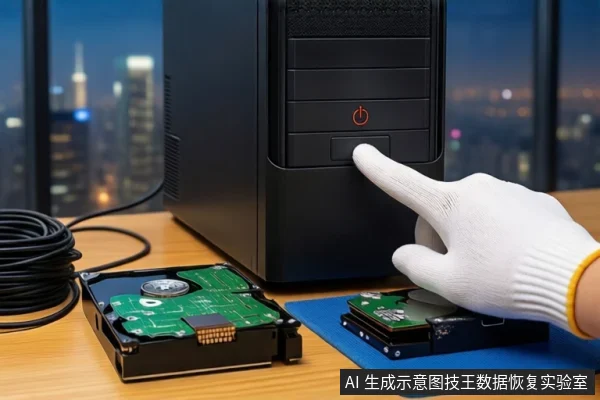 木质桌面上,一只戴白手套的手正按压黑色台式主机的电源按钮。主机旁平放着一块打开外壳的机械硬盘,左侧有一卷黑色线缆,背景是模糊的城市夜景。