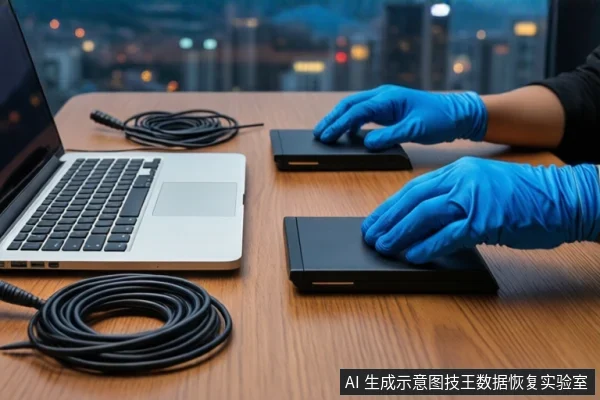 木质桌面上,左侧有一台打开的笔记本电脑和盘绕的黑色线缆,中间平放两块黑色移动硬盘,右侧一双戴蓝色手套的手正按压在硬盘上,背景为模糊的城市夜景。
