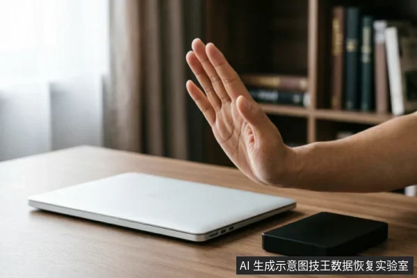 一只手掌伸出做出停止的手势，位于木质桌面上方。桌面上放置着一台闭合的银色笔记本电脑和一个黑色的外接硬盘盒。背景为模糊的书架和窗帘，营造出办公或家庭环境。