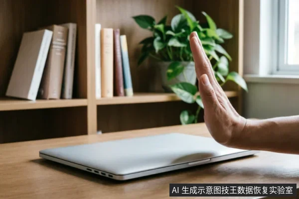 一只手掌在闭合的笔记本电脑前做出停止手势,背景为书架和绿植。画面直观传达拒绝操作、立即断电或停止使用的警示含义,契合文中关于硬盘故障时禁止通电与写入的核心建议。