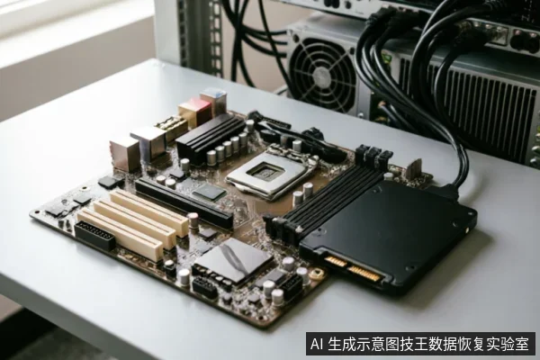 一张放置在白色桌面上的电脑主板，CPU插槽清晰可见，右侧通过数据线连接着一块黑色机械硬盘。背景模糊显示有服务器机柜及散热风扇，呈现出典型的数据恢复或硬件检测工作环境。
