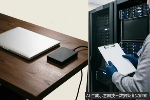 左侧木桌上放置着一台银色笔记本电脑和一个连接着数据线的黑色移动硬盘;右侧一名身穿工装、戴蓝色手套的技术人员正手持写字板,在服务器机柜前进行检查记录。