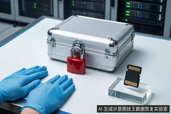 白色防静电工作台上,中间为闭合的银色金属防震箱,箱前挂有红色挂锁。左侧一双戴蓝色手套的手平放在桌面上,右侧透明底座上竖立一块SD存储卡,背景可见服务器机柜。