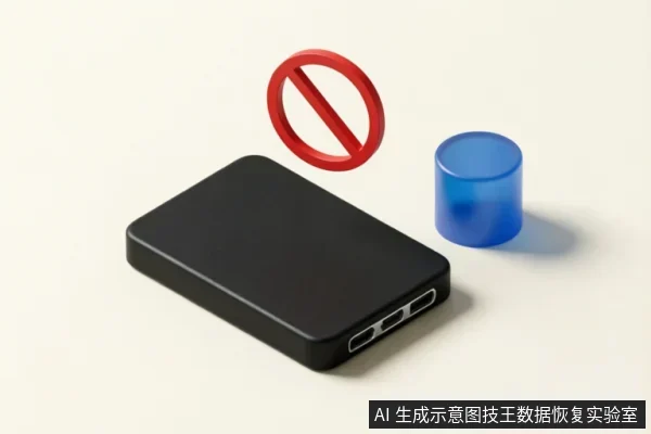 画面展示了一个黑色的移动硬盘,其上方悬浮着一个红色的禁止符号,右侧放置着一个蓝色圆柱体。该图像通过禁止标志直观地传达了在硬盘故障时停止操作、切勿尝试自行修复或写入数据的警示含义。