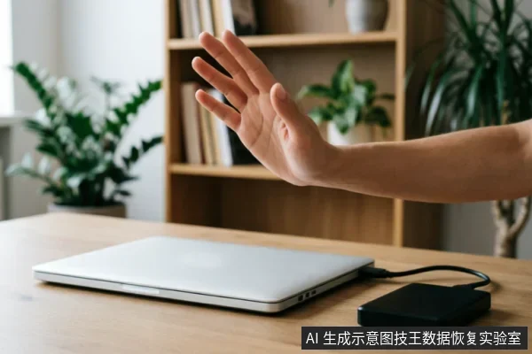 一只手掌伸出做出停止手势,悬停在连接着黑色移动硬盘的银色笔记本电脑上方。桌面环境整洁,背景有书架和绿植,直观传达在数据丢失场景下立即停止操作、防止写入的原则。