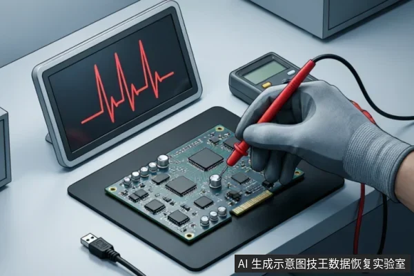 一只戴灰色防静电手套的手正持红色探针检测一块裸露的绿色电路板，背景屏幕显示红色波形图，旁有数字万用表及USB线。