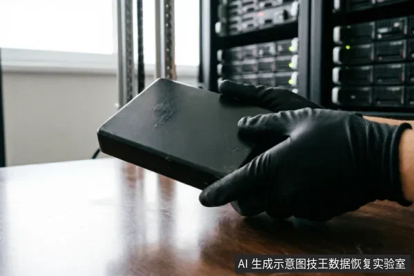 一双戴着黑色防护手套的手正托举着一块黑色的移动硬盘,背景为模糊的服务器机柜。画面展示了在专业数据恢复环境中对存储介质进行物理检查或准备送检的场景,强调了保持设备原状的重要性。