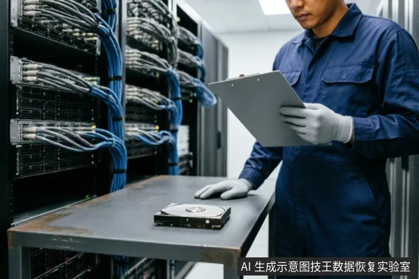 一名身穿蓝色工装、戴白手套的技术人员站在服务器机柜前，手持写字板记录信息。他面前的金属工作台上放置着一块裸露的机械硬盘，背景可见整齐排列的服务器设备及蓝色线缆，展现了专业数据恢复评估场景。