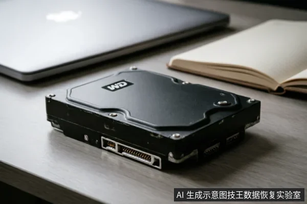 一张木质办公桌上放置着一块黑色的WD品牌机械硬盘,背景虚化处有一台闭合的银色笔记本电脑和一本打开的空白笔记本。画面展示了数据恢复或硬件检测场景中的典型设备与静物环境。