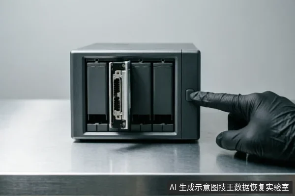 一只戴着黑色手套的手正按压一台多盘位存储阵列设备侧面的按钮,其中一个硬盘托架处于半抽出状态,露出背部的数据接口。