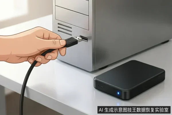 一只手持USB数据线正将其插入银色台式机主机的前置接口,桌面上放置着一个亮着蓝色指示灯的黑色移动硬盘。画面清晰展示了外部存储设备与主机的物理连接过程,对应文中检查外部连接链的操作步骤。