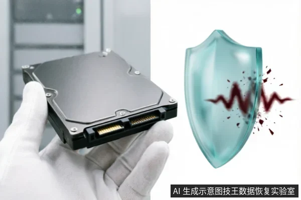 一只戴着白色防静电手套的手托举着一块机械硬盘,背景为模糊的服务器机柜。画面右侧叠加了一个半透明的青色盾牌图标,盾牌正被一道深红色的锯齿状冲击波击穿并伴有碎片飞溅,象征硬件故障或数据安全受到破坏。