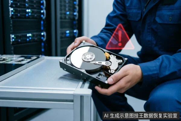一名身穿蓝色工装的技术人员双手托举着一块已打开外壳的机械硬盘,背景为带有指示灯的服务器机柜。画面叠加红色警告三角符号,直观展示硬件故障场景及专业数据恢复环境。
