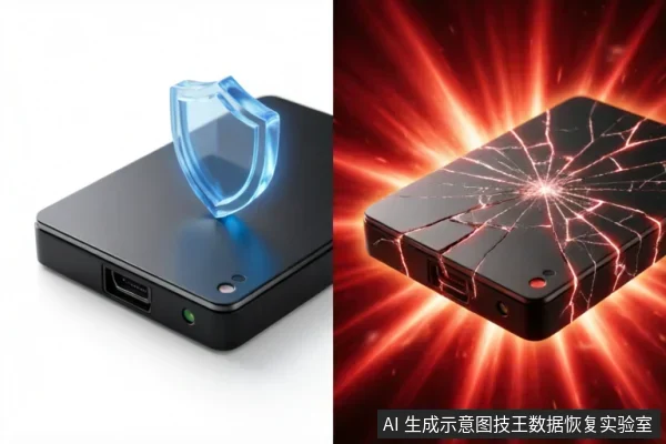 图片分为左右两部分:左侧展示一个完好的黑色移动硬盘,上方悬浮蓝色全息盾牌图标,象征数据安全与防护;右侧展示同款硬盘表面布满裂纹并散发红光,象征介质物理损坏。