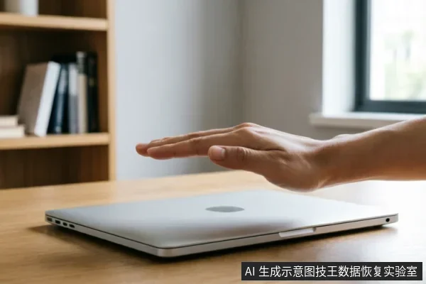 一只手掌悬停在闭合的银色笔记本电脑上方,做出明显的停止或制动手势。背景为模糊的书架和窗户,光线明亮,主体清晰,强调“停止操作”的警示含义。