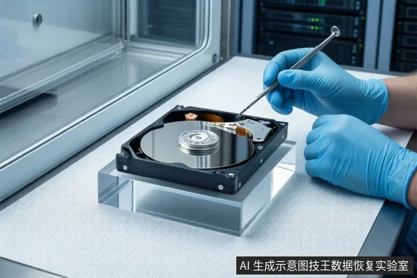 白色防静电工作台上,戴蓝色手套的双手正持握一根细长探针,靠近透明底座上平放的一块打开外壳的机械硬盘,背景可见服务器机柜。