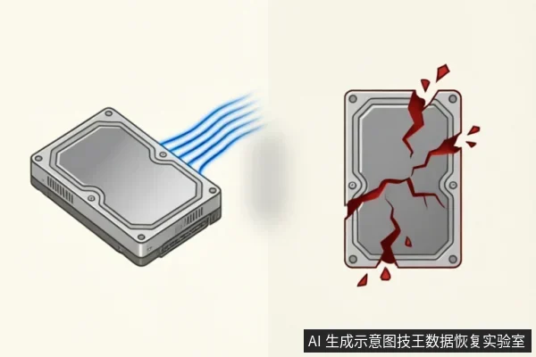 画面展示了两个状态对比的硬盘:左侧为完好且带有蓝色气流特效的银色硬盘,右侧为表面布满红色裂痕并伴有碎片飞溅的损坏硬盘。直观表现了设备从正常运作到发生物理介质严重受损的状态变化。