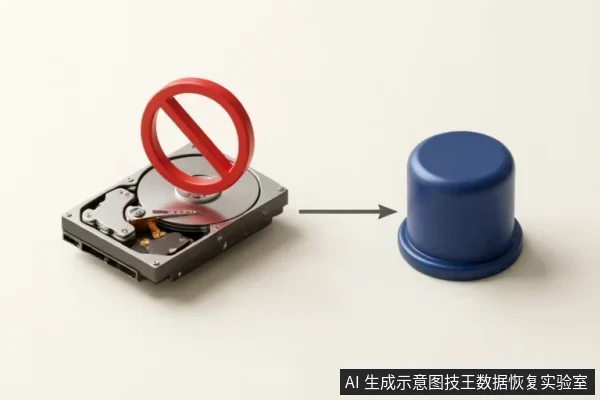 画面展示了一个打开的机械硬盘，盘片上方悬浮着一个红色的禁止符号，表示严禁操作。一个灰色箭头指向右侧的一个蓝色圆柱形盖子，寓意在故障时应盖上“禁止”而非盲目尝试或初始化，需保持冷静并寻求专业帮助。