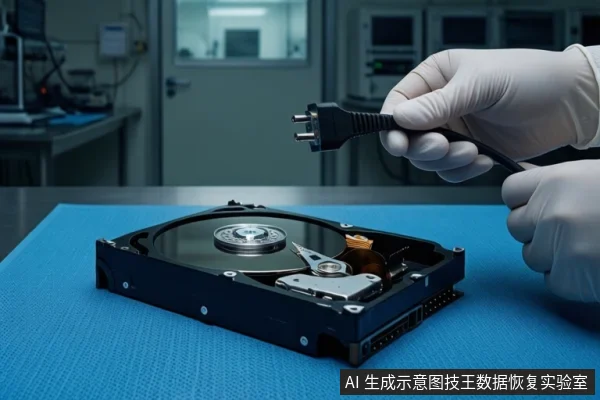 蓝色防静电垫上平放一块打开外壳的机械硬盘,可见盘片与磁头组件。右侧一双戴白色手套的手正握持一个黑色电源插头,悬停在硬盘上方。背景为模糊的实验室设备。