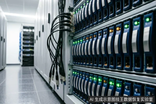 数据中心机房内部场景，近景特写展示了密集排列的服务器机架。设备面板上亮着绿色和橙色的状态指示灯，左侧连接着多束黑色线缆，背景为延伸的机柜通道，体现了大规模数据存储的物理环境。