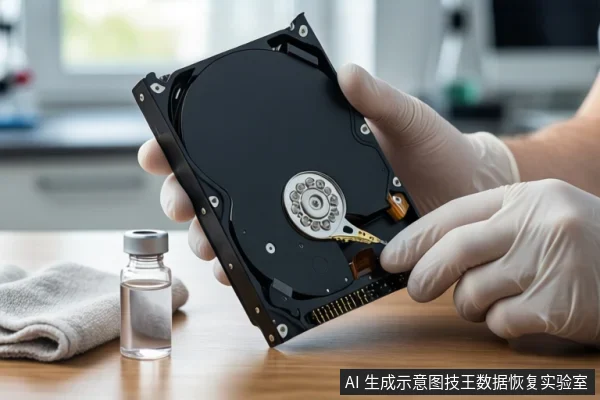 木质桌面上,一双戴白色手套的手正握持一块裸露的机械硬盘,另一只手用棉签擦拭硬盘接口。旁边放有一瓶透明液体和一块折叠的灰色抹布。