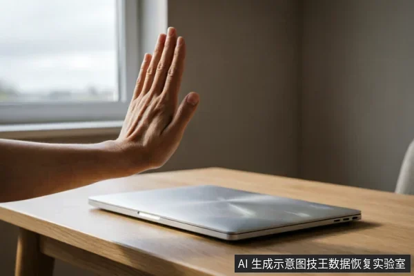 一只手掌在闭合的笔记本电脑前做出停止手势,示意拒绝或暂停操作。画面传达出在数据恢复场景中保持克制、避免盲目写入或继续操作的警示含义。