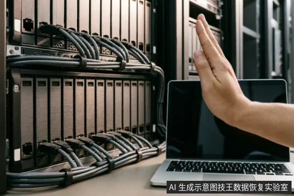 画面展示了一排连接着密集网线的服务器机柜，前方放置着一台笔记本电脑。一只手掌在电脑屏幕前做出明显的“停止”手势，示意禁止操作或紧急停机。