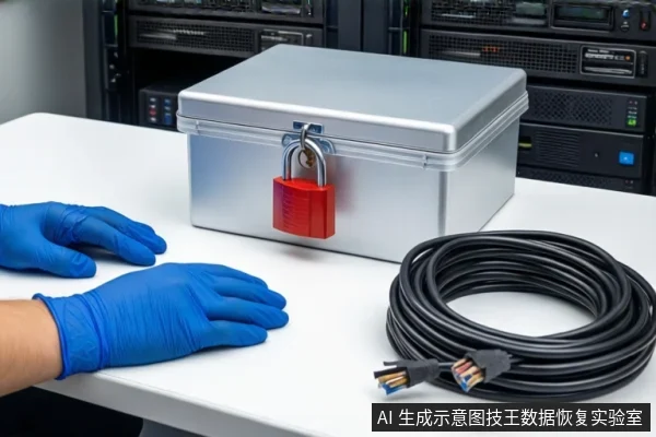 白色防静电工作台上,中间为闭合的银色金属防震箱,箱前挂有红色挂锁。左侧一双戴蓝色手套的手平放在桌面上,右侧盘绕着一根黑色SATA数据线,背景可见服务器机柜。