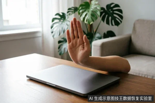 一只手掌在闭合的笔记本电脑前做出明显的停止手势，示意拒绝或中断操作。背景为居家环境，有绿植和沙发。画面直观表达了在面对存储设备故障时，应立即停止通电、扫描等干预行为以阻断风险的技术原则。