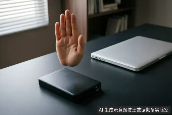 一只手掌在黑色移动硬盘上方做出明确的停止手势，示意立即中断操作。背景桌面上放置有一台闭合的银色笔记本电脑，整体画面直观传达了在硬盘故障时禁止继续通电或读写、需立刻停手并寻求专业介入的核心警示信息。