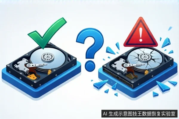 白色背景等距示意图,左侧蓝色底座上平放一块打开外壳的机械硬盘,上方有绿色对勾;中间为蓝色问号;右侧一块盘片开裂的机械硬盘,上方有红色警告三角,周围有蓝色碎片。