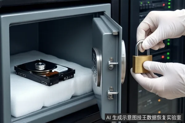 灰色金属保险柜门打开，内部白色泡沫垫上平放一块裸露机械硬盘。右侧一双戴白色手套的手正握持一把黄铜色挂锁，悬停在柜门边缘。背景为模糊的服务器机柜。