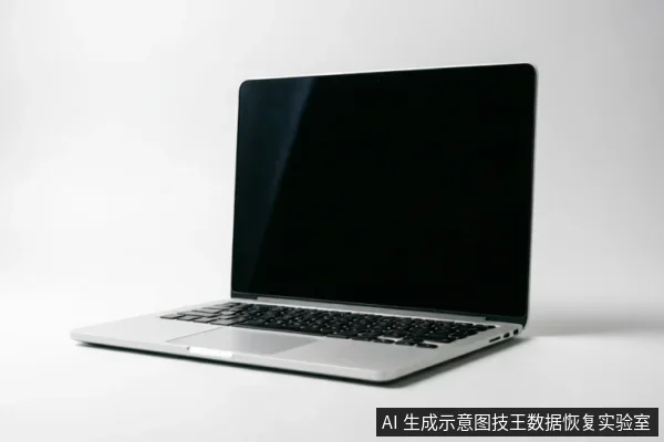 一台银色笔记本电脑置于纯白背景中，屏幕处于黑屏关闭状态，机身呈侧面打开角度，键盘与触控板结构清晰可见。