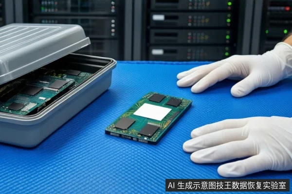 蓝色防静电垫上平放一块裸露的固态硬盘(SSD),左侧是一个打开的灰色防震箱,内部可见另一块电路板。右侧一双戴白色手套的手平放在垫子上,背景为模糊的服务器机柜。
