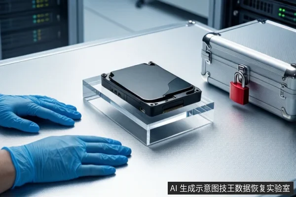 白色防静电工作台上,中间透明底座上平放一块闭合的黑色机械硬盘,右侧为挂有红色挂锁的银色金属防震箱,左侧一双戴蓝色手套的手平放在桌面上,背景可见服务器机柜。