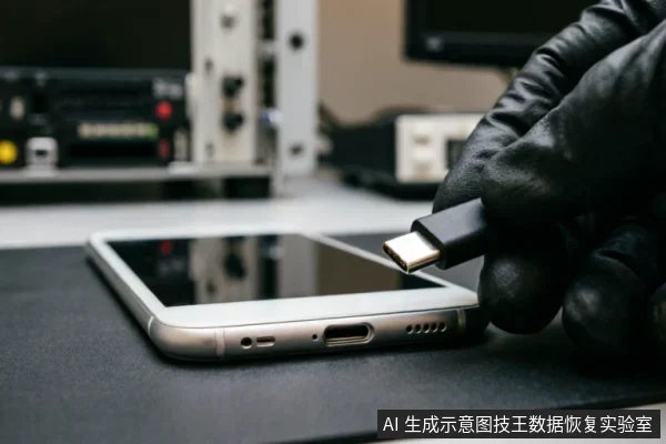 一只戴着黑色防护手套的手正拿着USB-C数据线,准备连接平放在防静电垫上的银色智能手机底部接口。背景模糊可见机架式专业测试仪器,展示了数据恢复前检查外部连接链的专业操作场景。