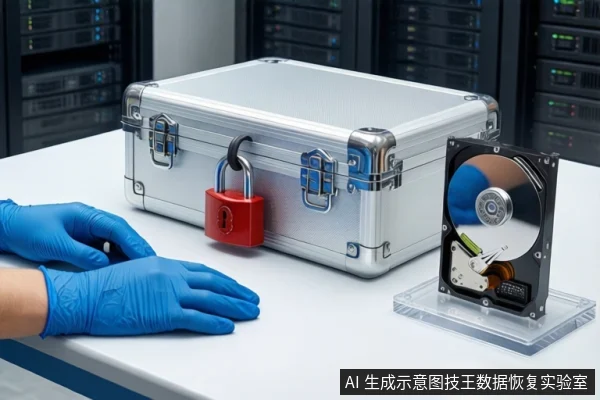白色防静电工作台上,中间为闭合的银色金属防震箱,箱前挂有红色挂锁。左侧一双戴蓝色手套的手平放在桌面上,右侧透明底座上竖立一块打开外壳的机械硬盘,背景可见服务器机柜。
