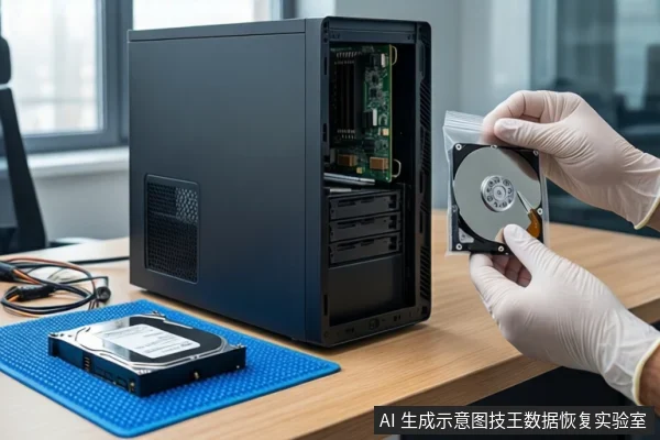 木质桌面上，一台黑色台式主机侧板打开，内部可见主板。蓝色防静电垫上平放一块黑色机械硬盘。右侧一双戴白色手套的手正握持一块裸露的机械硬盘，背景是模糊的窗户。