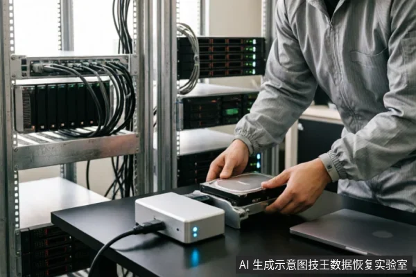 画面展示一名技术人员在服务器机柜前的工作台上，双手正将一块机械硬盘安装至专用读取设备中。旁边放置有带指示灯的白色外接盒及笔记本电脑，背景可见密集的线缆与机架设备，呈现专业的数据恢复或硬件检测环境。