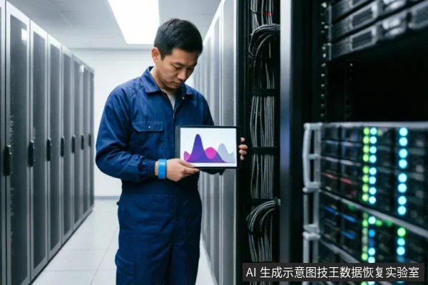 一名身穿蓝色工装的技术人员站在服务器机房内,正低头专注查看手中的平板电脑。平板屏幕上显示着彩色的数据波形图,背景是排列整齐的黑色服务器机柜和闪烁的指示灯。