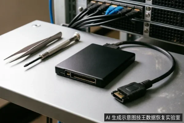 灰色工作台上放置着一个带有SATA接口的黑色移动硬盘盒及连接线,旁边摆放着金属镊子和螺丝刀等精密维修工具。背景可见连接着多根网线的服务器机柜设备,呈现出典型的数据恢复或硬件检测工作环境。