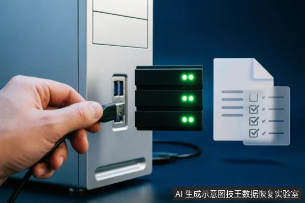 画面展示了一只手将USB数据线插入银色台式机前置接口,旁边悬浮着三个亮绿灯的硬盘阵列图标及一份带有勾选框的文档图形。该图示意了存储设备的外部连接状态及数据读取评估的过程。