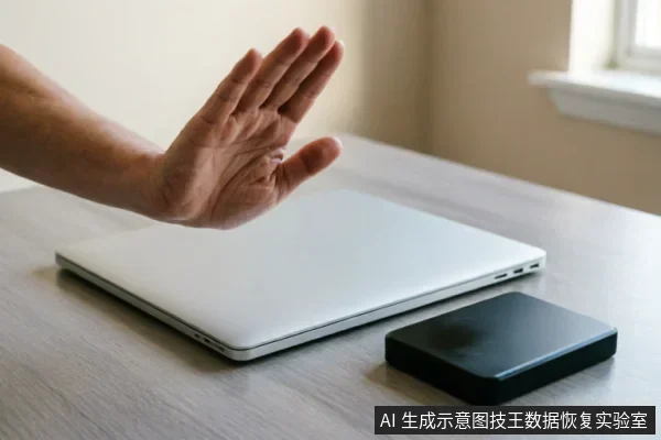 一只手掌在闭合的银色笔记本电脑和黑色移动硬盘上方做出明显的停止手势,示意立即中断操作。画面背景简洁,突出了对存储设备采取防御性措施、防止数据写入或进一步损坏的警示意图。