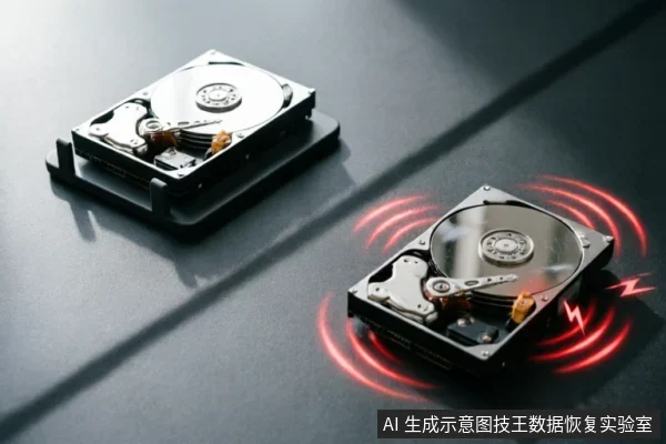 深灰色背景上放置着两块机械硬盘,左侧硬盘处于静止状态,右侧硬盘周围环绕着红色震动波纹和闪电符号,示意设备出现异常信号、电气故障或物理震动。