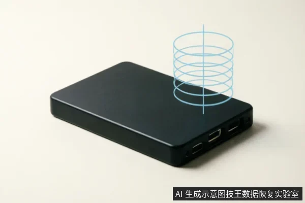 一个黑色的长方形移动硬盘侧卧在浅色背景上,侧面可见USB及数据接口。硬盘上方悬浮着一个由蓝色线条构成的螺旋圆柱体图形,示意磁场或内部盘片结构,整体画面简洁清晰。