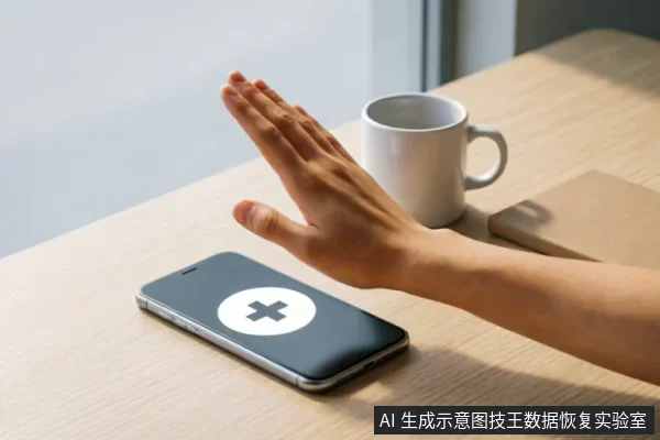 一只手掌在木质桌面上向一部平放的智能手机做出拒绝或停止的手势,手机屏幕亮起并显示一个巨大的白色圆圈加黑色十字图标。背景中有白色马克杯和笔记本,示意在数据危机下应立即停止操作以保护原始介质。