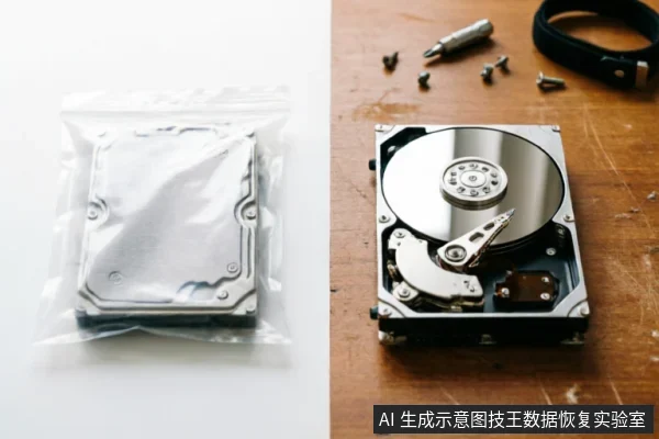 左侧展示一个封装在透明防静电袋中的完整硬盘，右侧为放置在木桌上的已拆解硬盘，露出内部磁盘与磁头，周围散落着螺丝和工具。画面直观对比了安全封装状态与暴露受损风险状态。