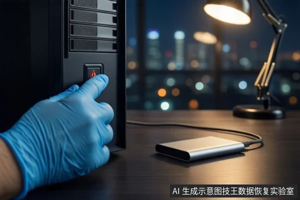 深色桌面上,戴蓝色手套的手正按压黑色塔式主机正面的红色电源按钮,旁边平放一块银色移动硬盘,背景为模糊的城市夜景和一盏台灯。